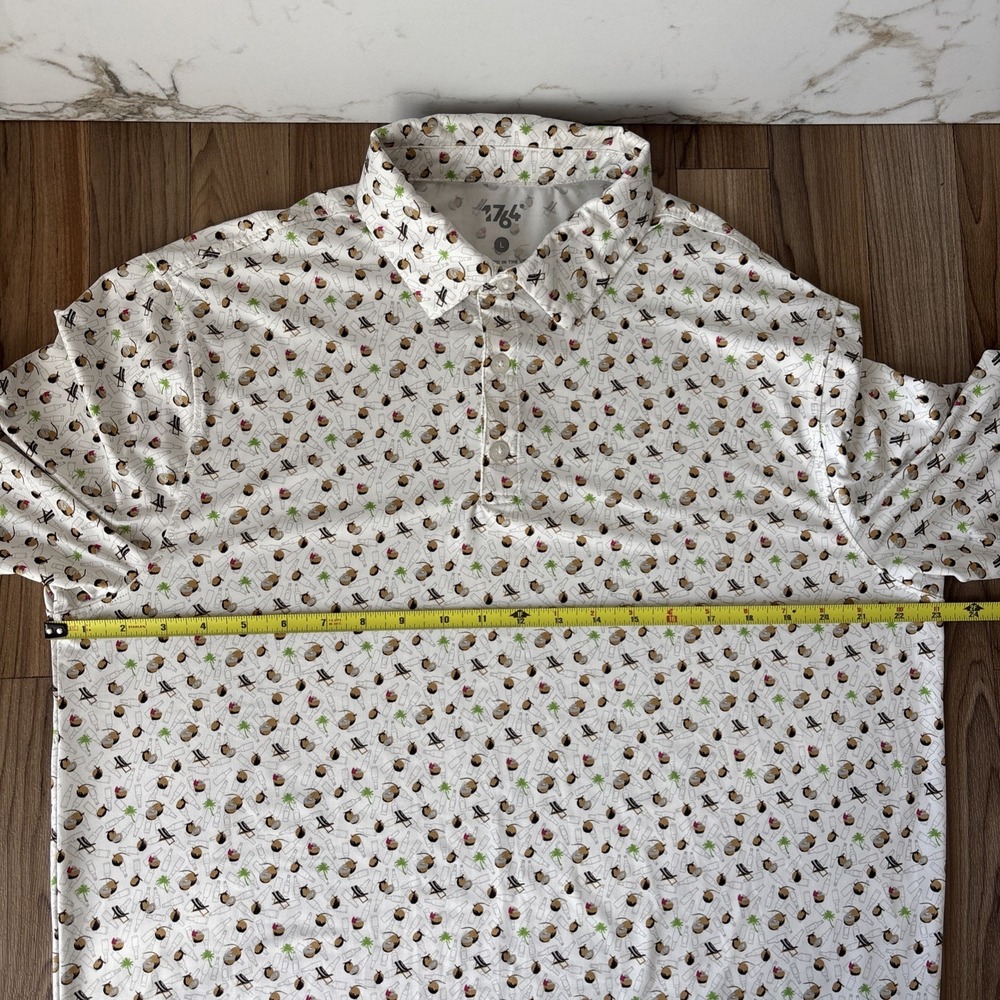 1764 Golf Polo Shirt AOP‎ Coconuts Beach Chairs Palm Stretch Resort Mens L White - Picture 7 of 10